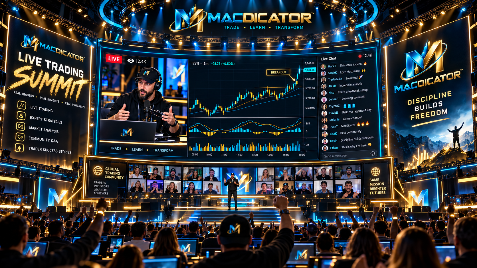 Macdicator Live Trading Summit with a large Town Hall audience