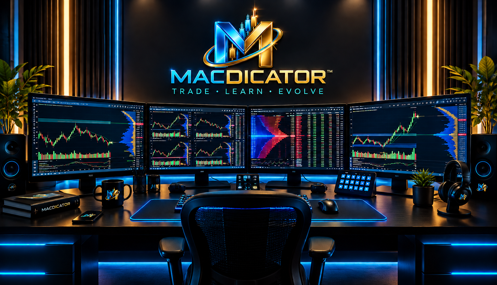 Macdicator professional trading desk with four monitors displaying market charts and order flow